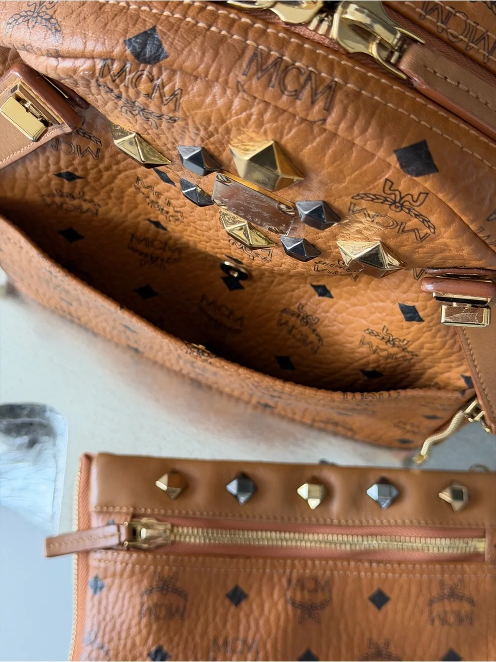 MCM Visetos Cognac Stud Backpack w/ Mixed Metal Accents & Convertible Wristlet
